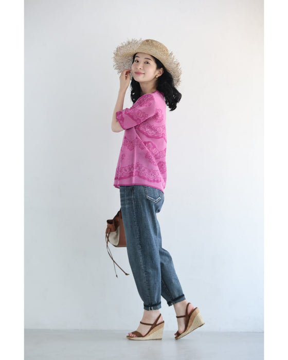 ささやかに煌めくレース柄のサマーニットプルオーバートップス