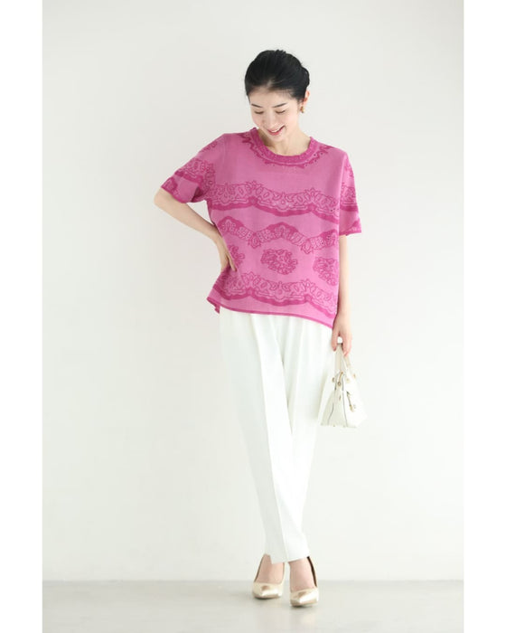 ささやかに煌めくレース柄のサマーニットプルオーバートップス