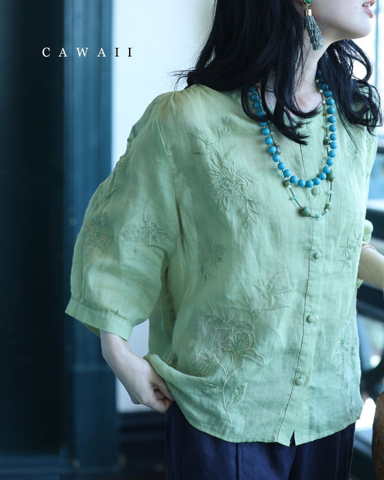 ビーズを施した花刺繍咲く涼やかリネンブラウストップス