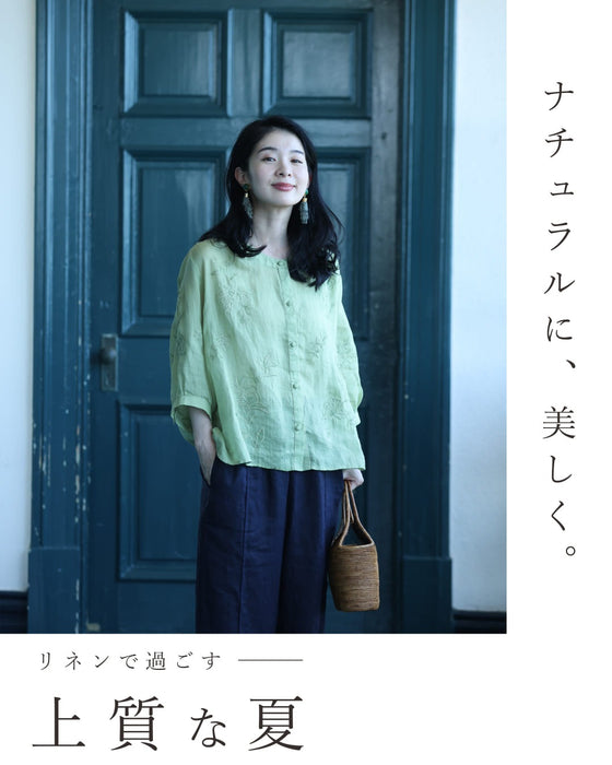 ビーズを施した花刺繍咲く涼やかリネンブラウストップス