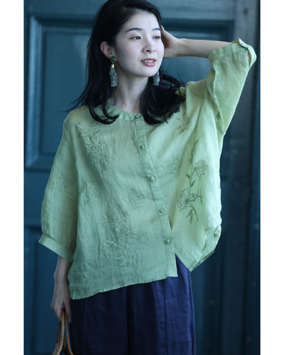 ビーズを施した花刺繍咲く涼やかリネンブラウストップス