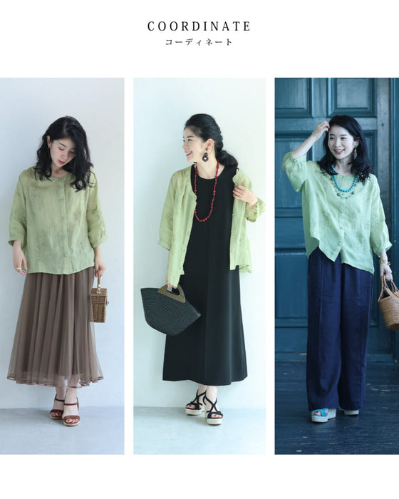 ビーズを施した花刺繍咲く涼やかリネンブラウストップス