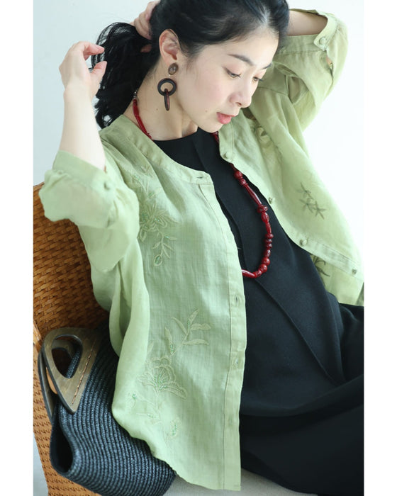 ビーズを施した花刺繍咲く涼やかリネンブラウストップス