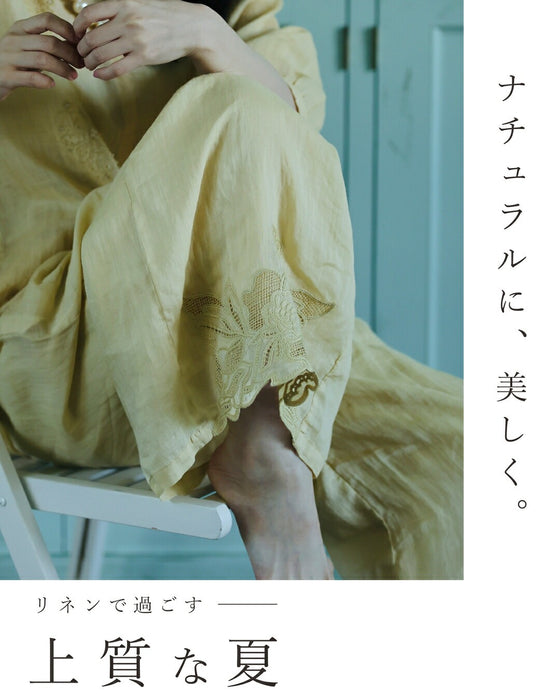 花刺繍裾のリネンワイドパンツ