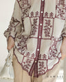 ワイン色刺繍で描くタイル柄シアーシャツトップス