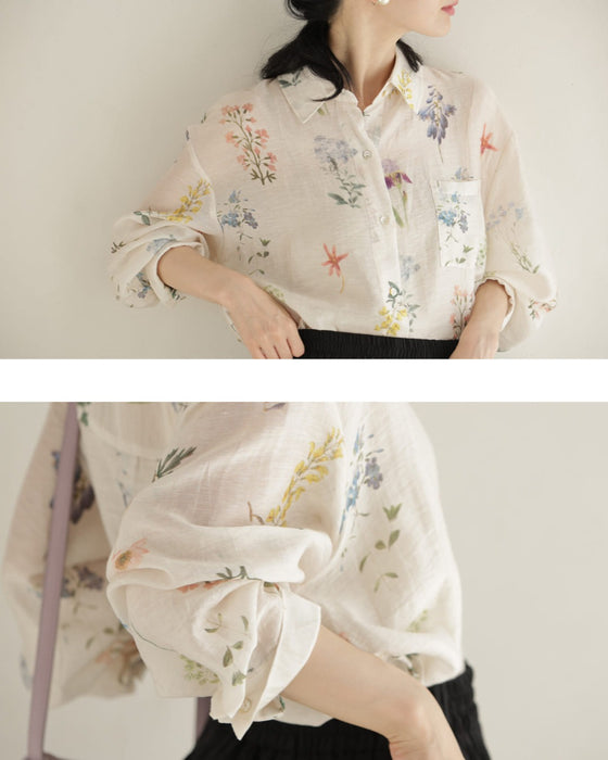 肌触り柔らかな花集めシアーシャツトップス