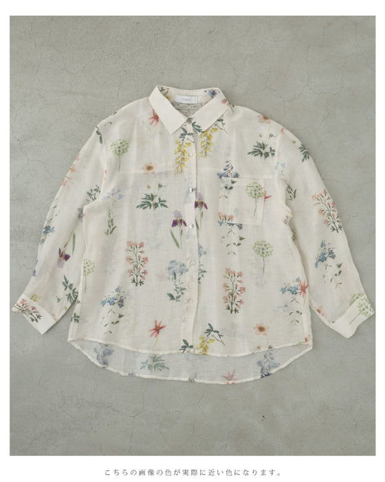 肌触り柔らかな花集めシアーシャツトップス