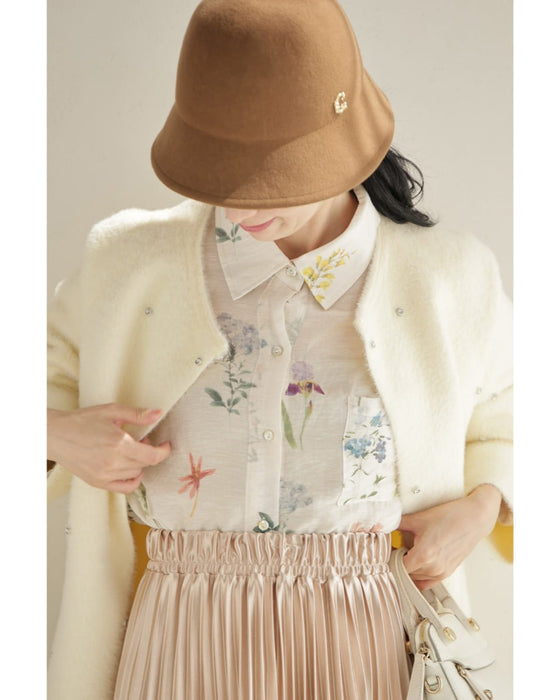 肌触り柔らかな花集めシアーシャツトップス