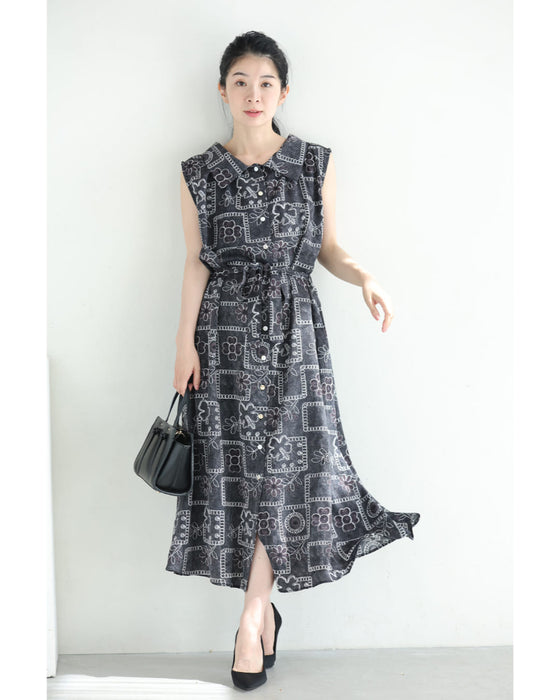 ゆったり心地よい刺繍風プリントのロングワンピース(紐リボン付き)