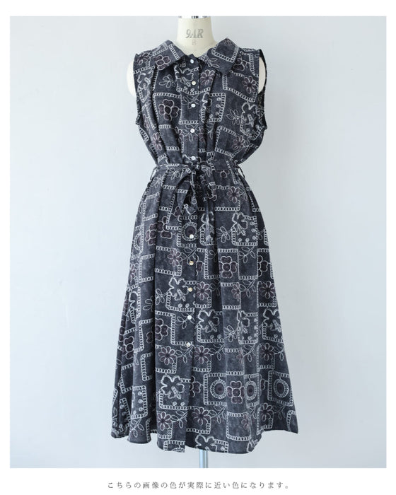 ゆったり心地よい刺繍風プリントのロングワンピース(紐リボン付き)