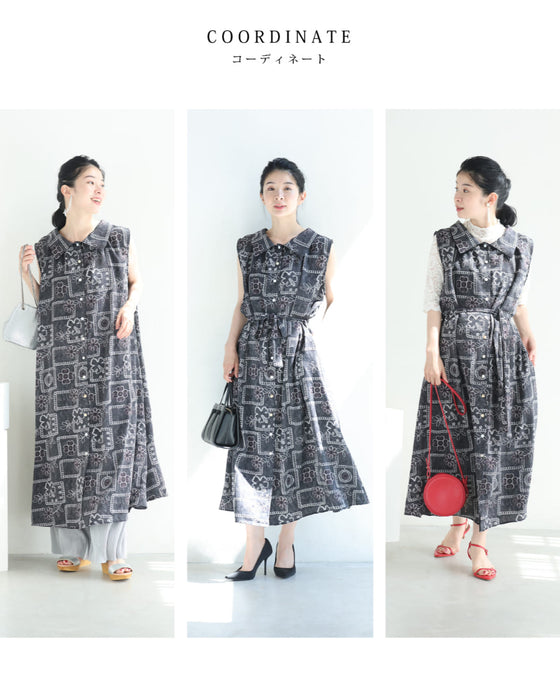 ゆったり心地よい刺繍風プリントのロングワンピース(紐リボン付き)