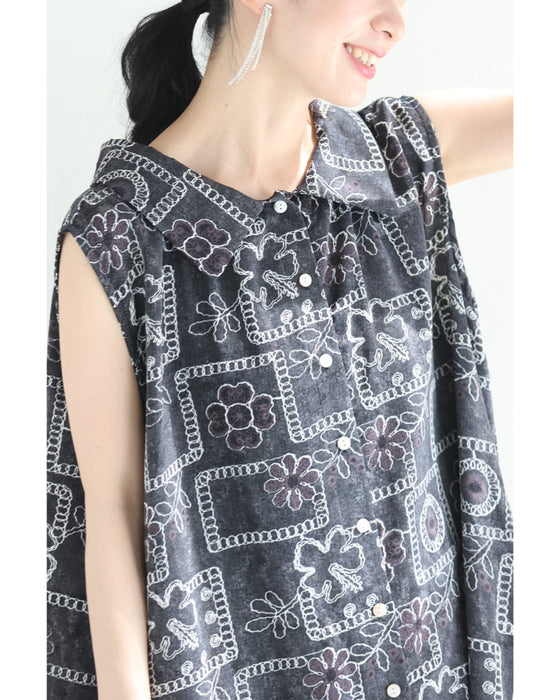 ゆったり心地よい刺繍風プリントのロングワンピース(紐リボン付き)