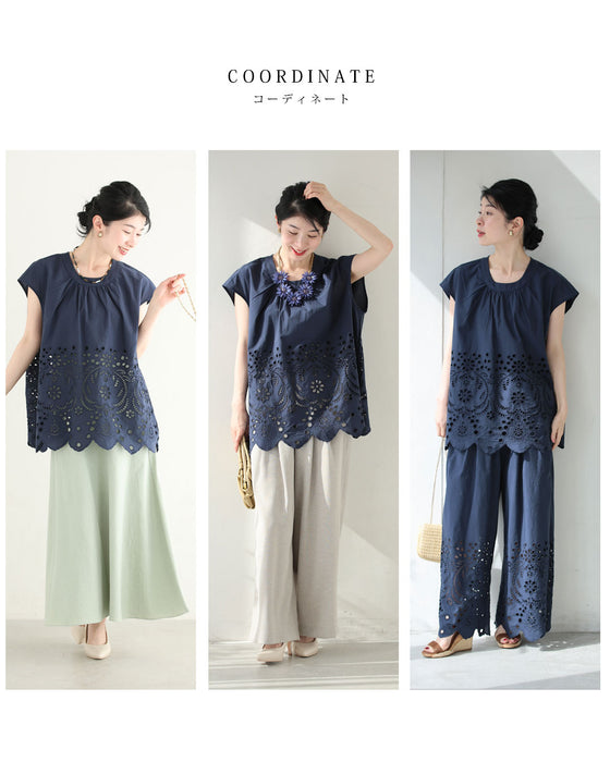 日差しに透けるパンチングレースのブラウストップス