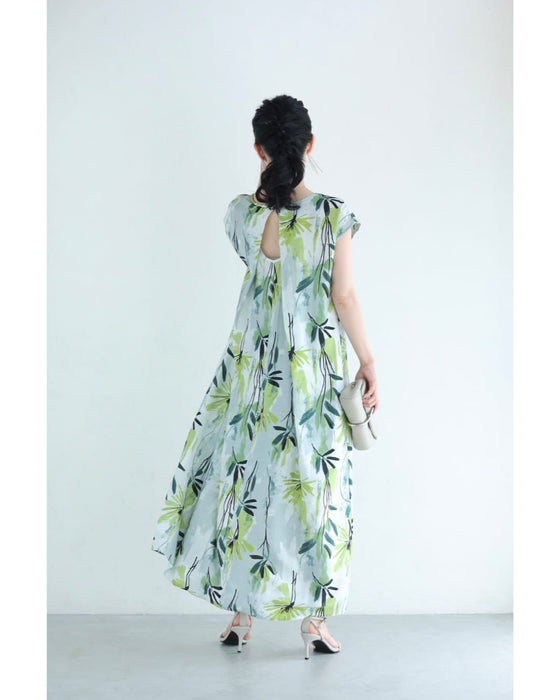 涼しさ舞い込むグリーンアートロングワンピース(リボン付き)