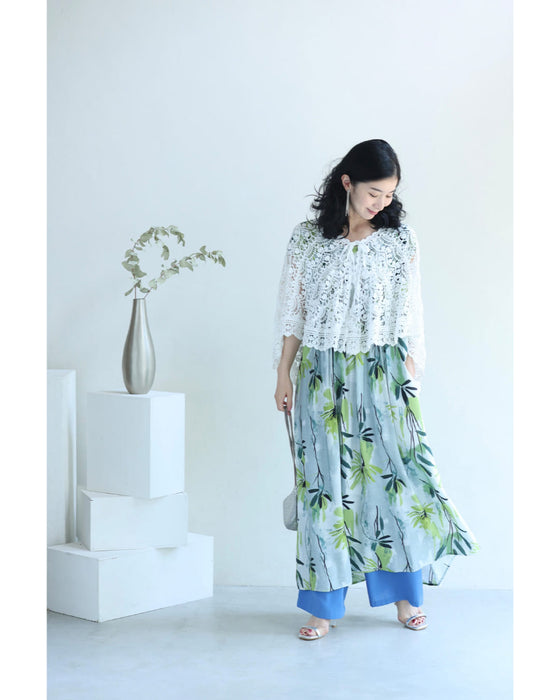 涼しさ舞い込むグリーンアートロングワンピース(リボン付き)