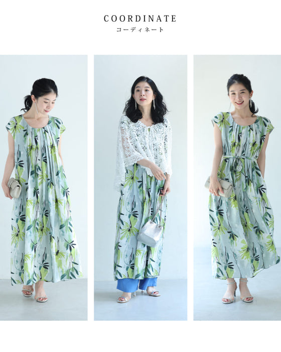 涼しさ舞い込むグリーンアートロングワンピース(リボン付き)
