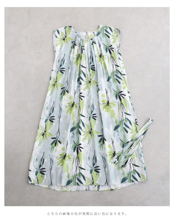涼しさ舞い込むグリーンアートロングワンピース(リボン付き)