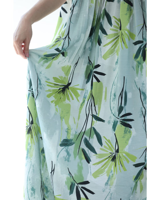 涼しさ舞い込むグリーンアートロングワンピース(リボン付き)