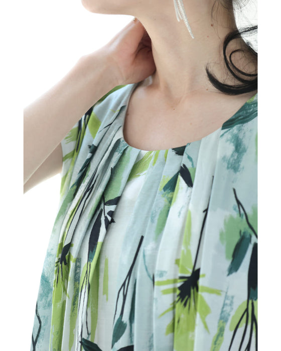 涼しさ舞い込むグリーンアートロングワンピース(リボン付き)