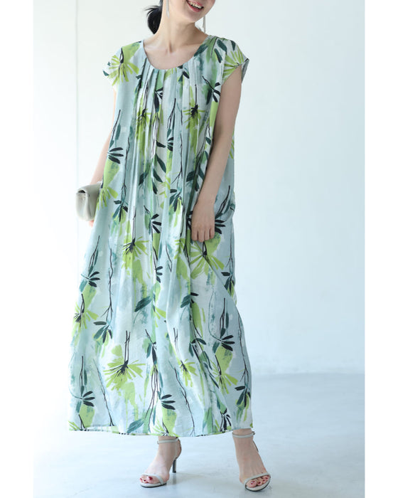 涼しさ舞い込むグリーンアートロングワンピース(リボン付き)