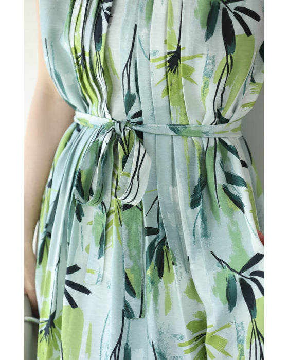 涼しさ舞い込むグリーンアートロングワンピース(リボン付き)