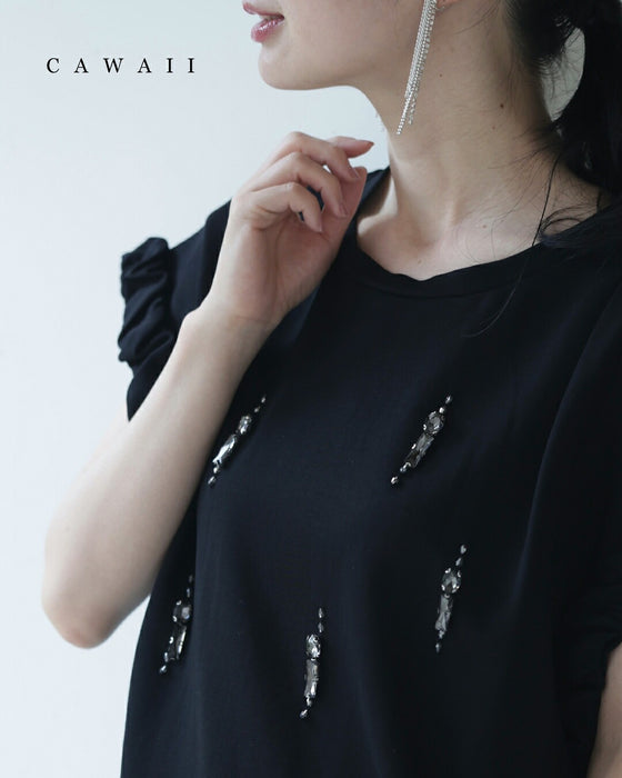 くしゅくしゅ袖のデコレーションビジューカットソートップス