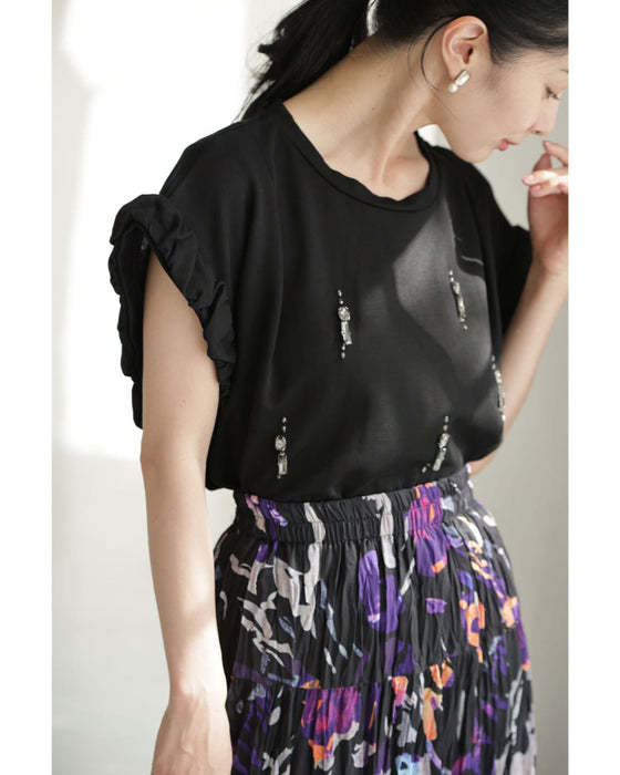 くしゅくしゅ袖のデコレーションビジューカットソートップス