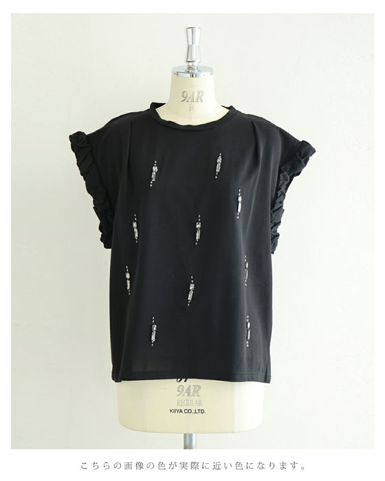 くしゅくしゅ袖のデコレーションビジューカットソートップス