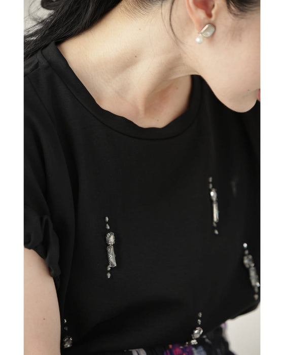 くしゅくしゅ袖のデコレーションビジューカットソートップス