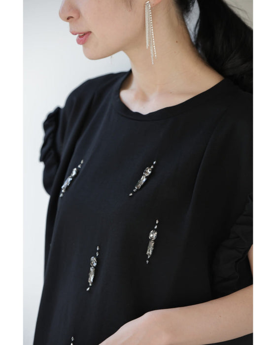 くしゅくしゅ袖のデコレーションビジューカットソートップス