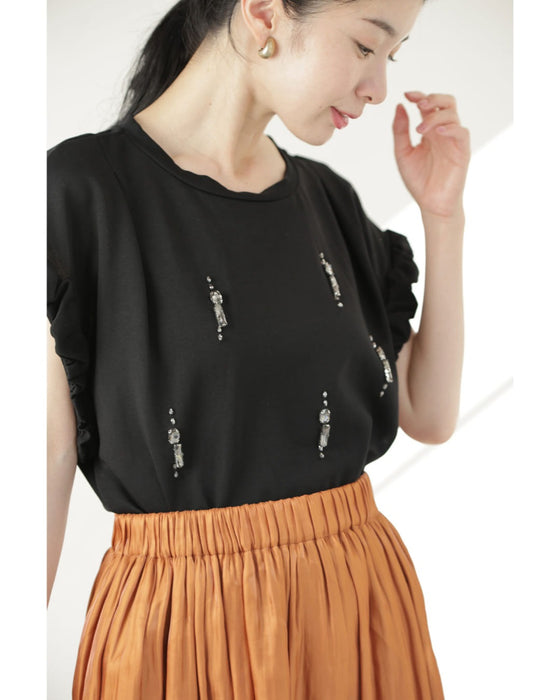 くしゅくしゅ袖のデコレーションビジューカットソートップス