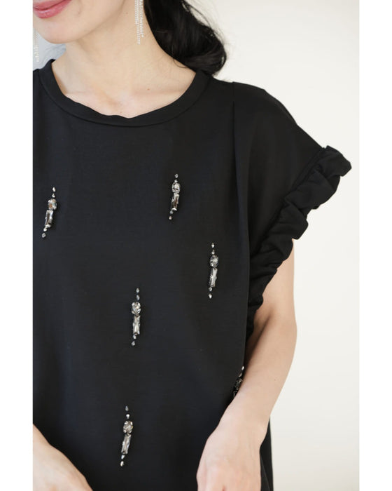 くしゅくしゅ袖のデコレーションビジューカットソートップス