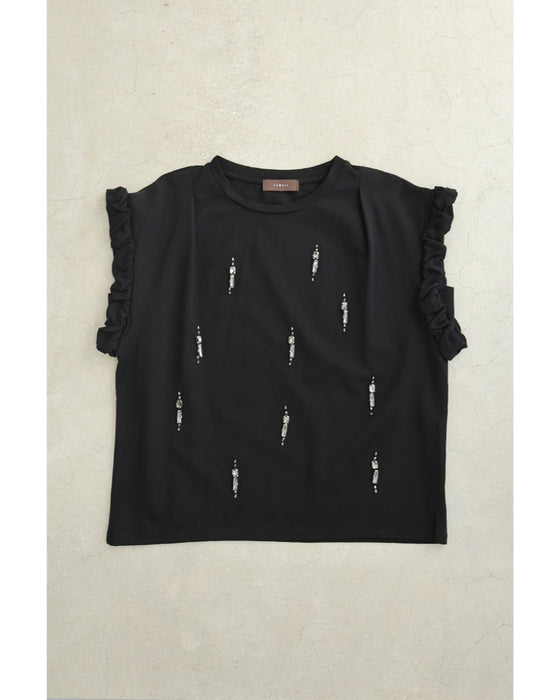 くしゅくしゅ袖のデコレーションビジューカットソートップス