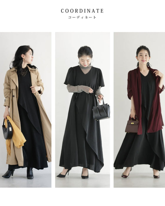 アシンメトリーな重なるフレアデザインロングワンピース(コサージュベルト付き)