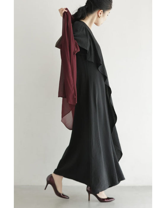 アシンメトリーな重なるフレアデザインロングワンピース(コサージュベルト付き)