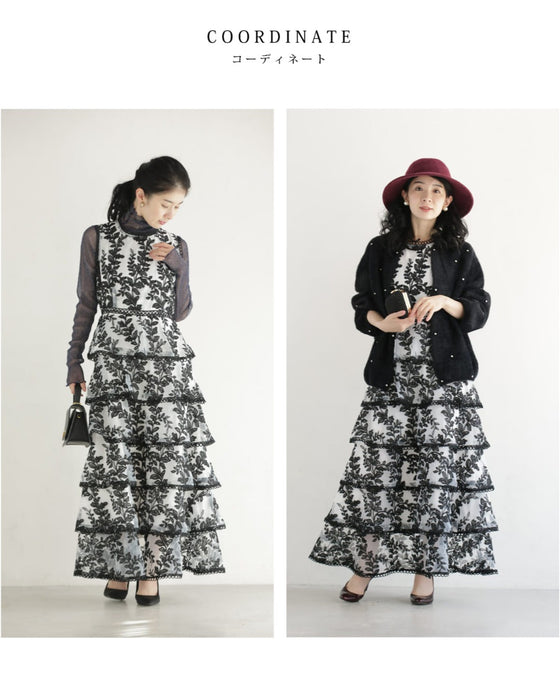 リーフ刺繍の段フレアオーガンジーロングワンピース