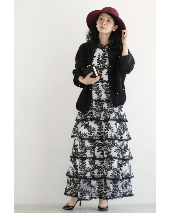 リーフ刺繍の段フレアオーガンジーロングワンピース