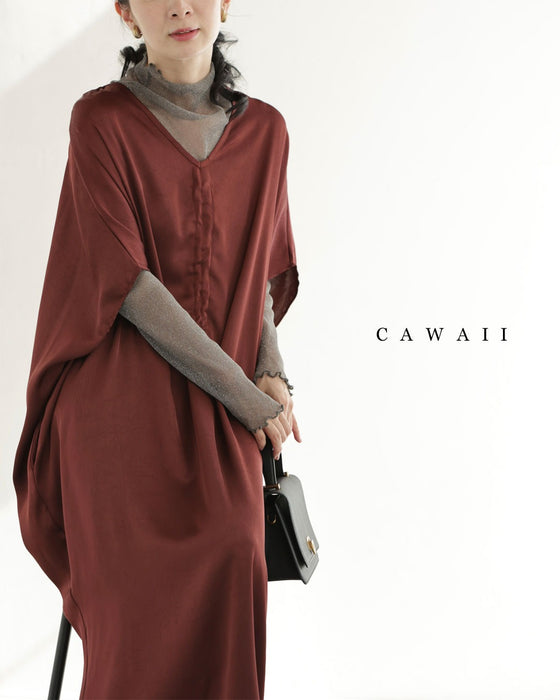 絞って雰囲気を変えられるフロントシャーリングの艶ロングワンピース