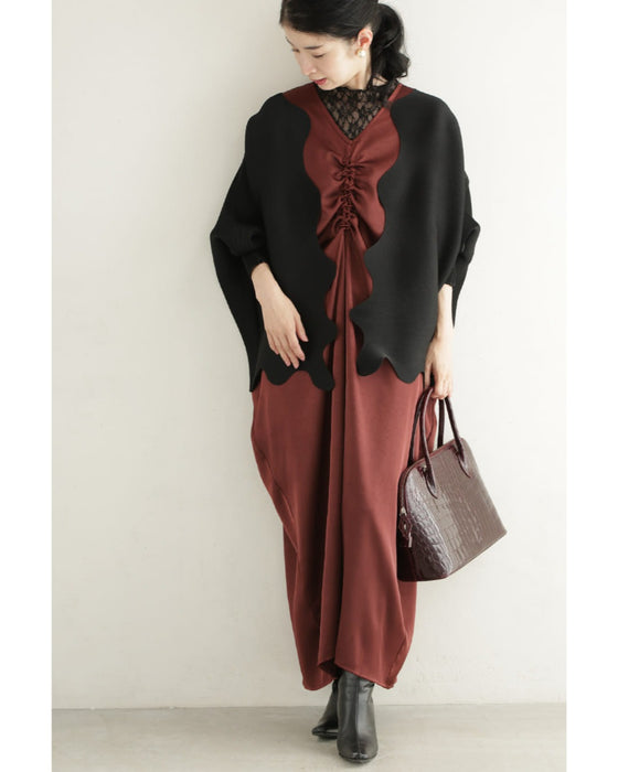 絞って雰囲気を変えられるフロントシャーリングの艶ロングワンピース