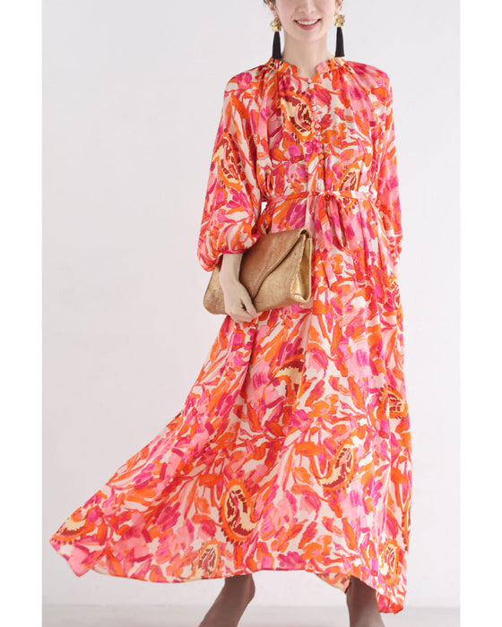 エネルギッシュな色を纏うフラワーパターンロングワンピース（紐リボン付き）