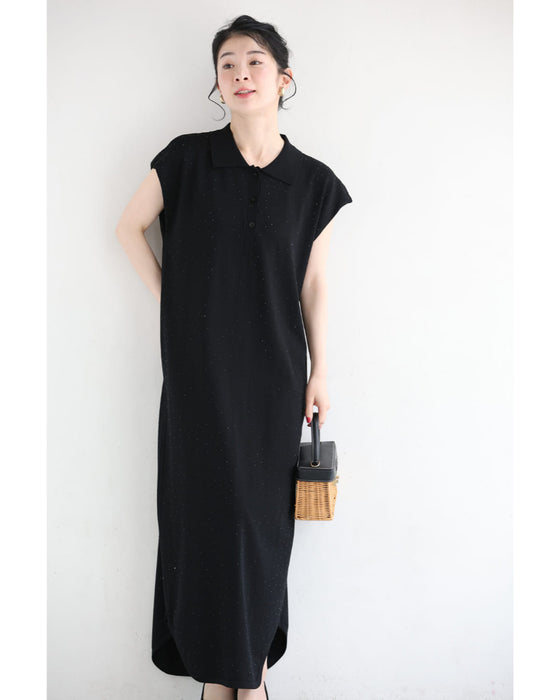 全面に瞬くビジューのポロシャツロングワンピース（紐ベルト付き）