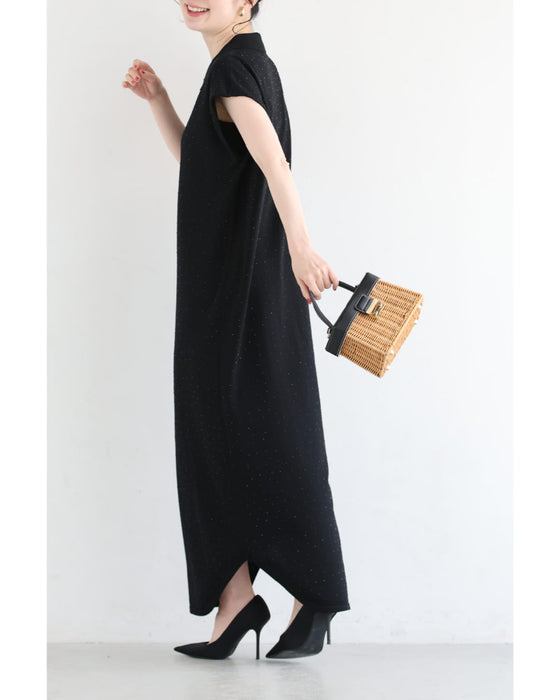 全面に瞬くビジューのポロシャツロングワンピース（紐ベルト付き）