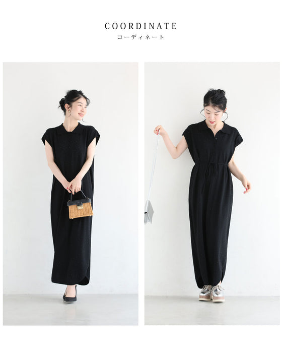 全面に瞬くビジューのポロシャツロングワンピース（紐ベルト付き）