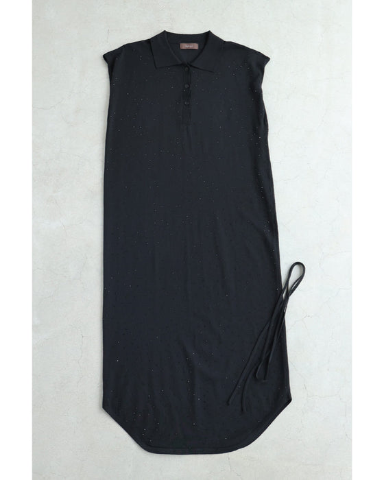 全面に瞬くビジューのポロシャツロングワンピース（紐ベルト付き）