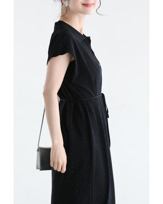 全面に瞬くビジューのポロシャツロングワンピース（紐ベルト付き）