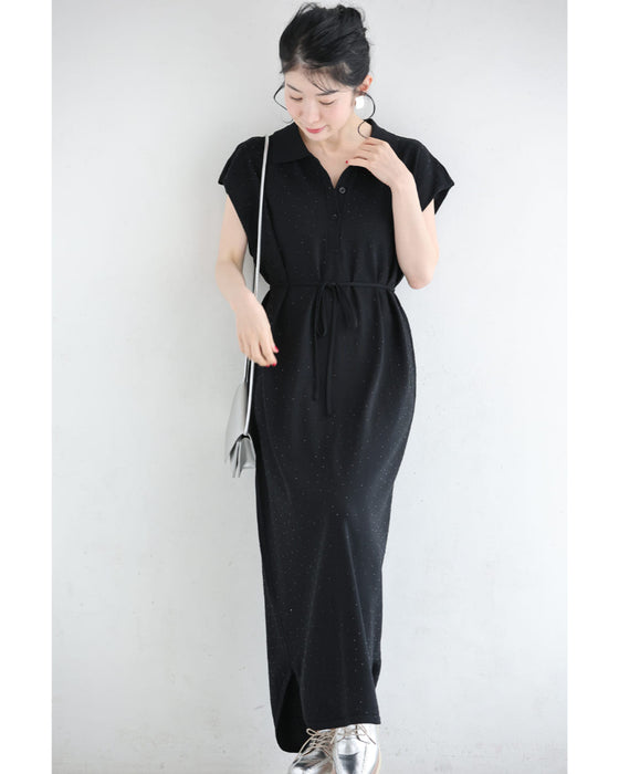全面に瞬くビジューのポロシャツロングワンピース（紐ベルト付き）