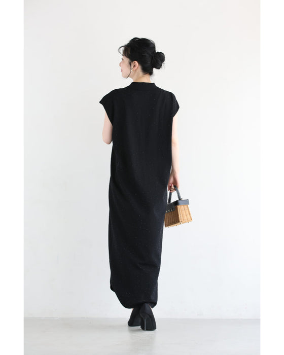 全面に瞬くビジューのポロシャツロングワンピース（紐ベルト付き）