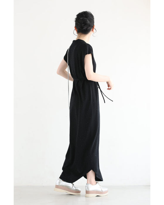 全面に瞬くビジューのポロシャツロングワンピース（紐ベルト付き）