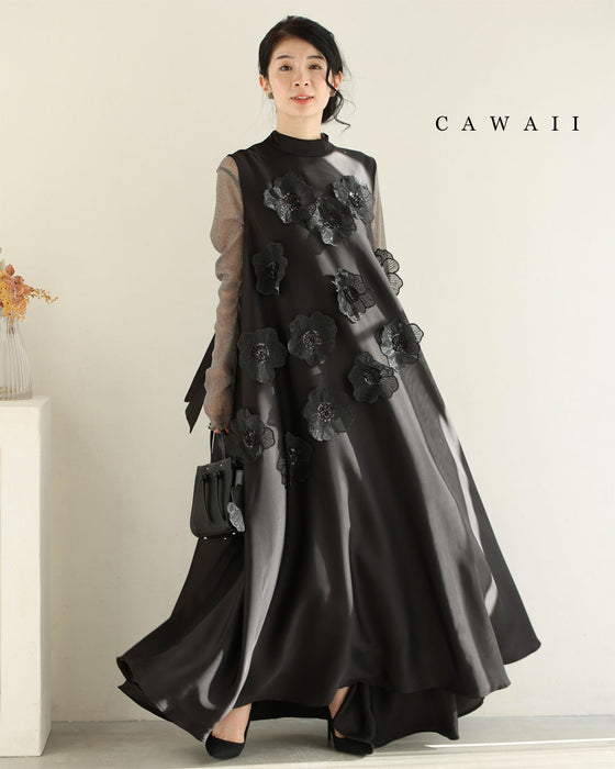 シアーな花浮かび咲く艶めきAラインロングワンピース