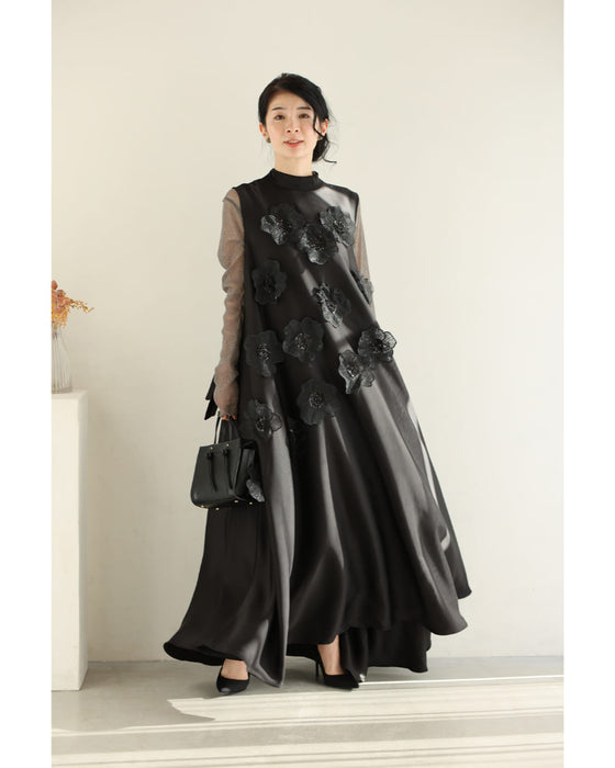 シアーな花浮かび咲く艶めきAラインロングワンピース